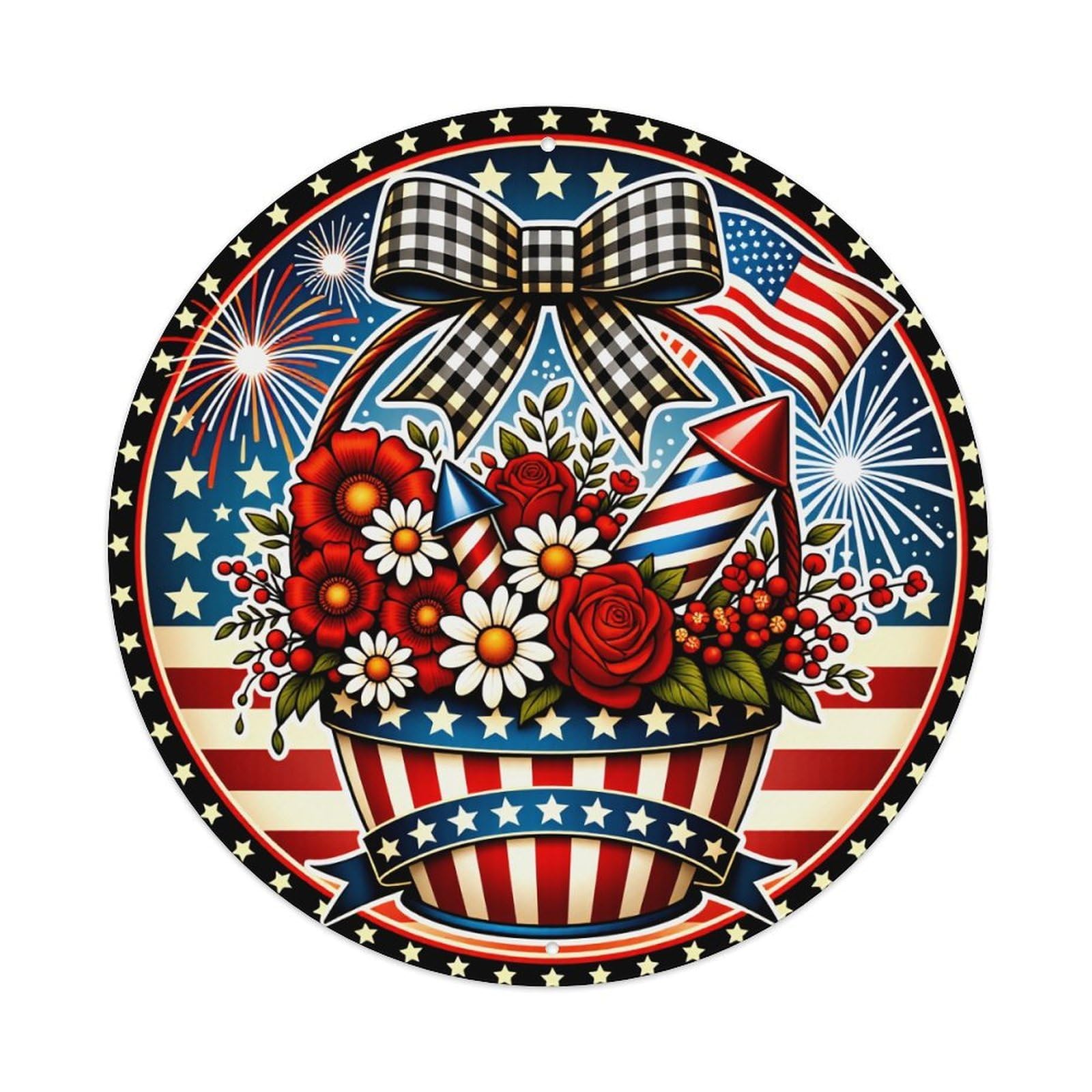 American Flag Flowers Fireworks Stars Round Tin Sign Vintage Style Metal Sign Home Bar Garden Wall Plaque Decor Metal Poster 8x8 Inch