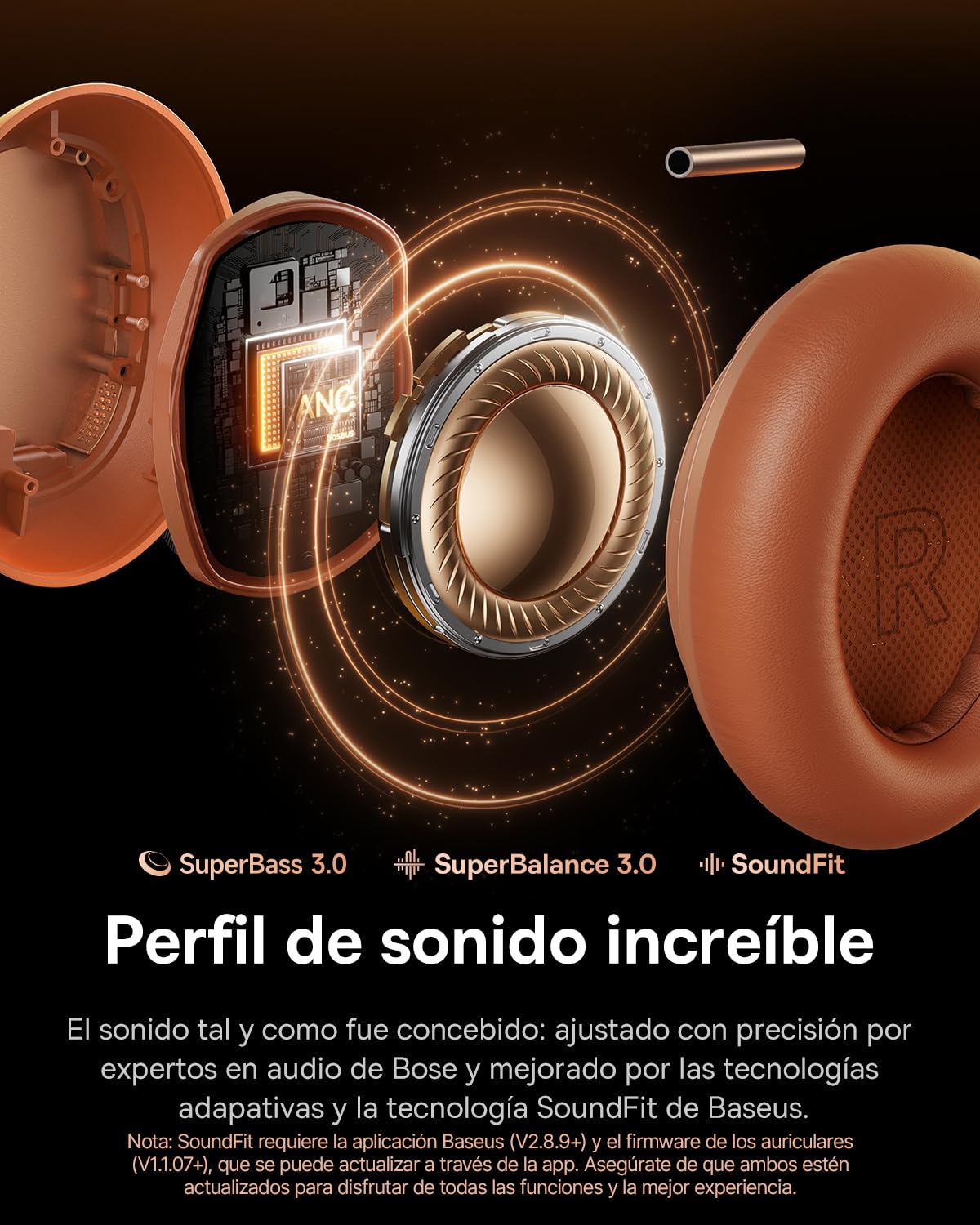 Baseus Inspire XH1 Auriculares inalámbricos Noise Cancelling, Sound by Bose, Comodidad Cloud, Dolby Audio y Hi-Res para un Sonido Increíblemente Dinámico, Autonomía de 100 h, Coral Atardecer