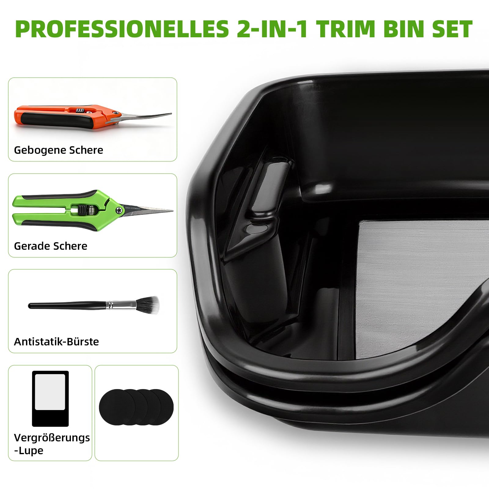 Trimming Tray Set Professional, Trimmschale mit 150 Mikron Pollensieb, Extra Tiefe Trim Bin Ergonomisch & Trimmschale, 2 Präzisionsscheren, Bürste & Lupe, 51 x 40 x 16cm