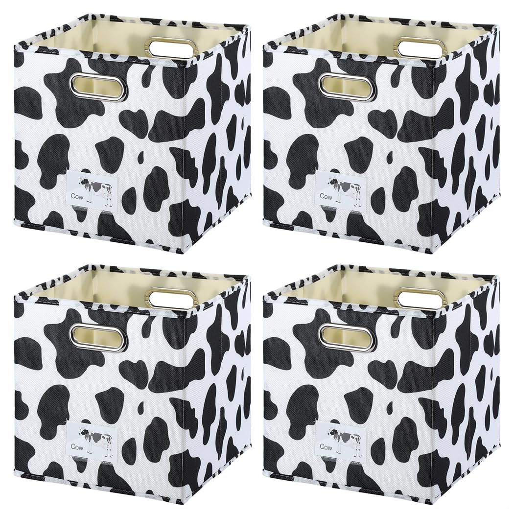 4 szt. kostek do przechowywania z nadrukiem krowy, duże składane kosze z tkaniny, bawełna len, 25 x 25 x 25 cm, przenośny organizer pojemniki z uchwytami na biurko i szafę