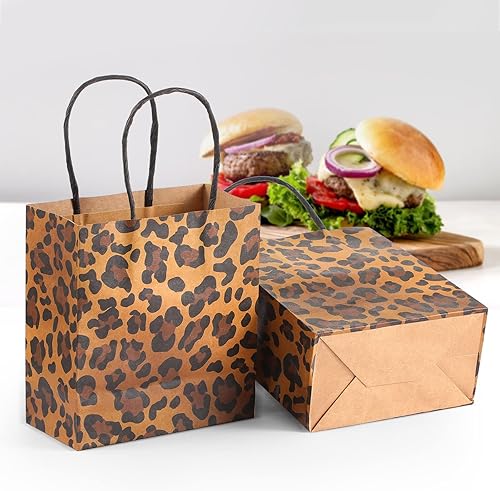 Miniatura 6 de Outus 50 bolsas de papel de leopardo con estampado de leopardo, pequeñas bolsas de regalo de 5.5 x 2.76 x 5.9 pulgadas, bolsa de leopardo marrón con