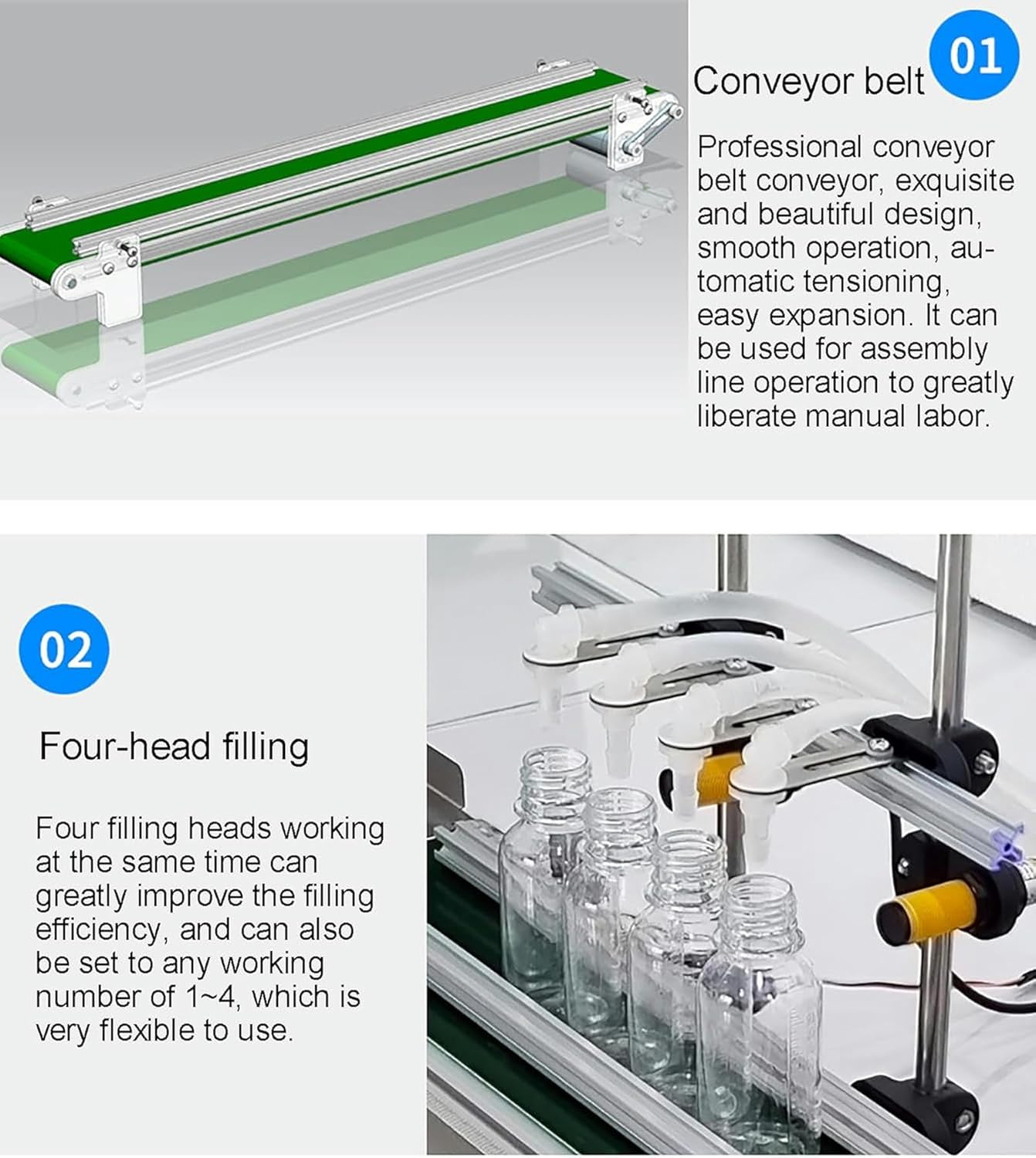4-Head Automatic Liquid Filling Machine, Digital Control Liquid Filler Machine, with Belt Conveyor Desktop Version, for Beverage, Soy Sauce Vinegar, Edible Oil~/