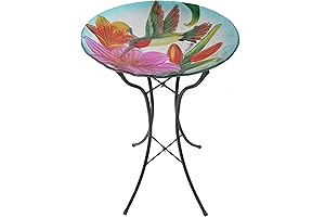 Teamson Home Handpainted Glass Birdbath Bowl Feeder with Metal Stand