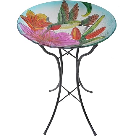 Teamson Home Handpainted Glass Birdbath Bowl Feeder with Metal Stand