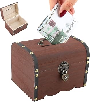 Vintage Wooden Treasure Chest Piggy Bank with Lock & Keys, 5.9in