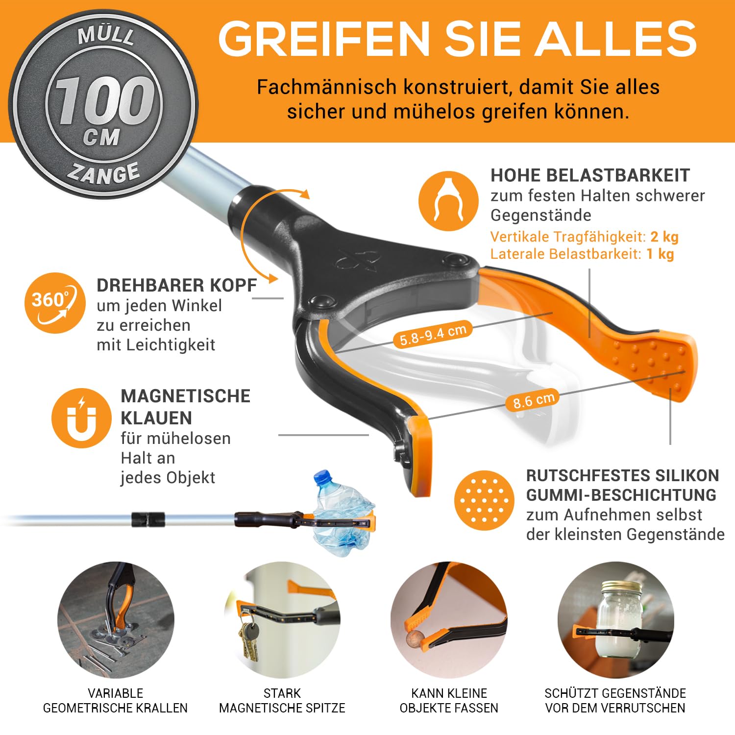 EZPIK 1 x 100 cm Greifer für Senioren mit Magnet-Greifarm, Robuste Greifzangen für Menschen mit Behinderungen, Drehbare Müllgreifer Zange, Gehilfe mit Befestigungsclip, 1er-Pack, Schwarz