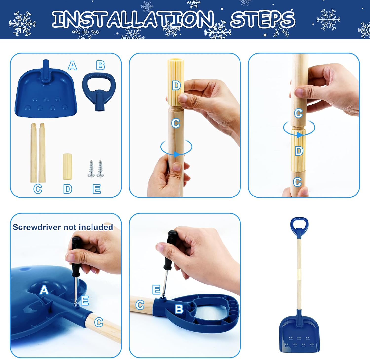 Voccos Kids Snow Shovel 22-32" Detachable Wood Handle D-Grip Plastic Scoop