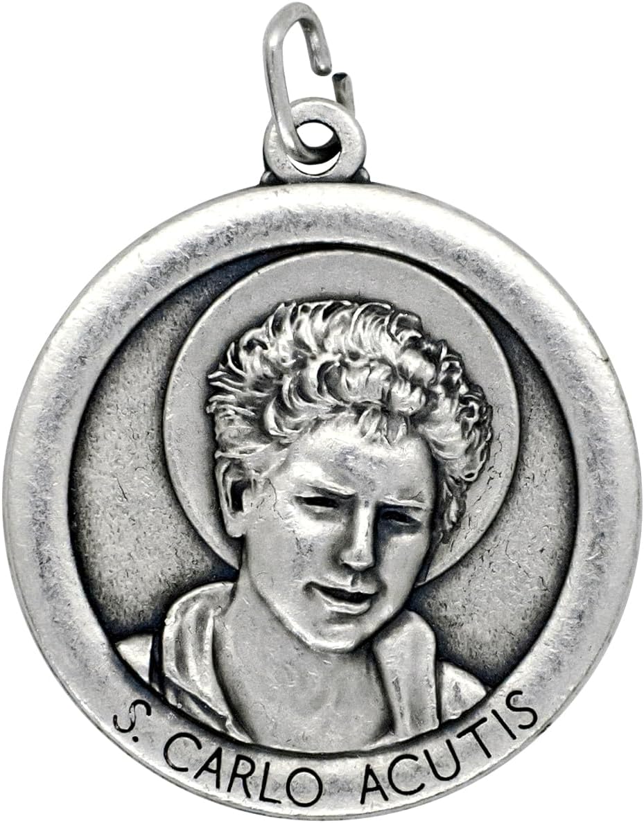 1.25" Round Saint Carlo Acutis Medal Pendant | Add to Necklace or Chaplet | Silver-Tone Metal | Great Catholic Gift for First Holy Communion or Confirmation | Made in Italy