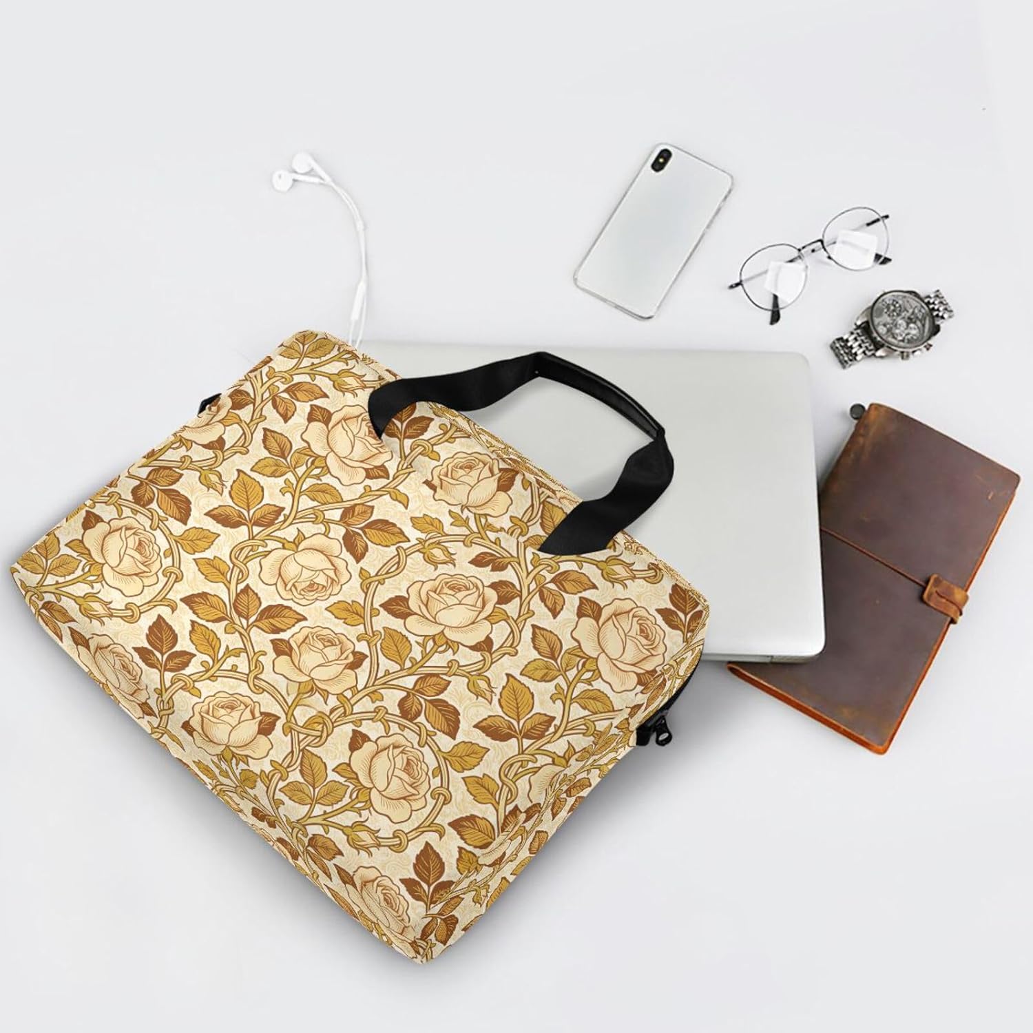 Laptop Sleeve Case 15-16 Inch Lightweight Laptop Carrying Case with Zipper Vintage Rose William Morris Light Brown Bag with Zipper for Travel Business