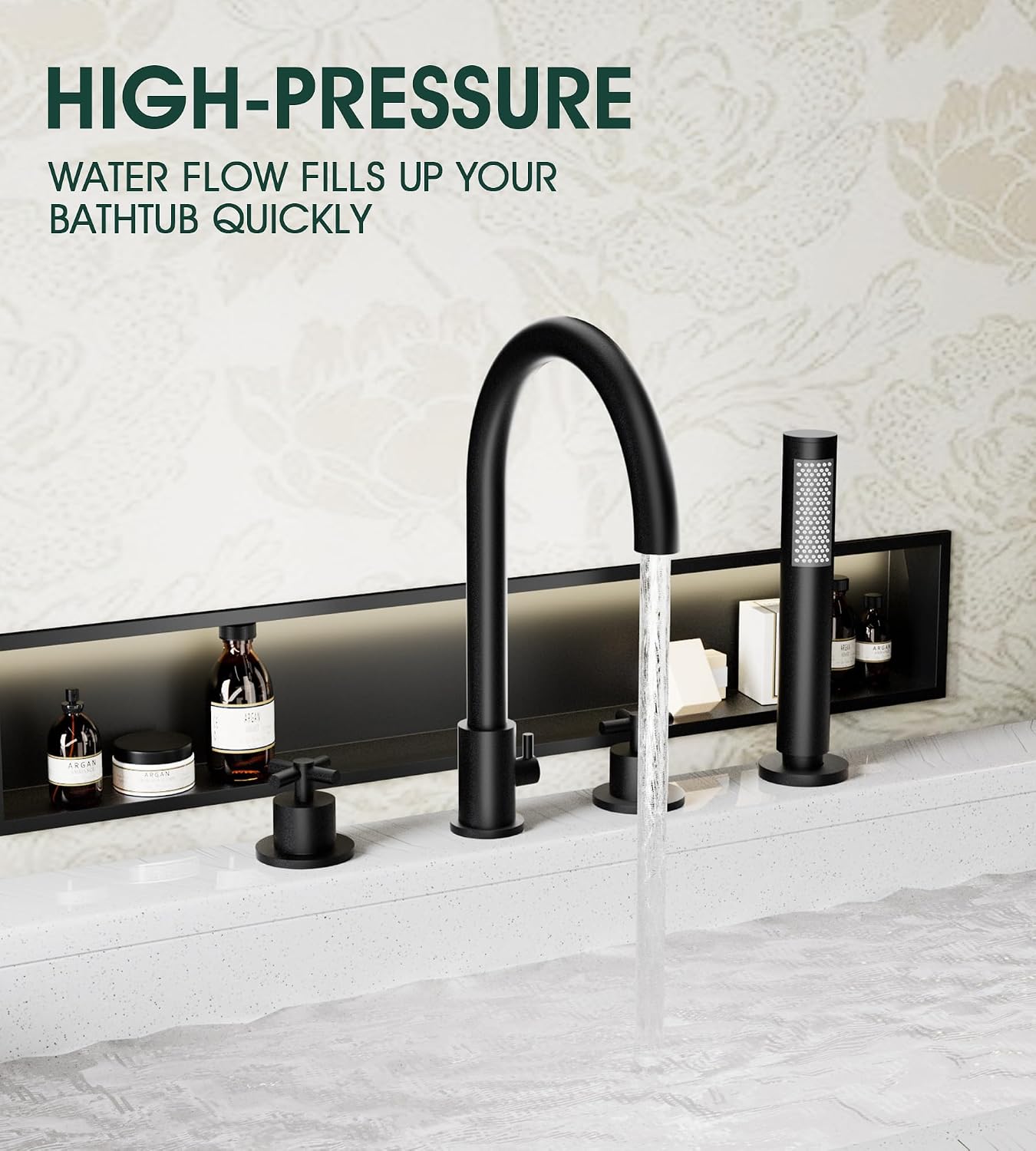 Roman Tub Faucet with Handheld Shower, 2 Handles 4-Hole High Arc Waterfall Deck Mount Bathtub Faucet, Solid Brass Bathtub Faucet Set with Rough-in Valve (Matte Black)