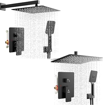 12inches Rain Shower System Ceiling Mount + Wall Mount Modern Shower Faucet Set Matte Black