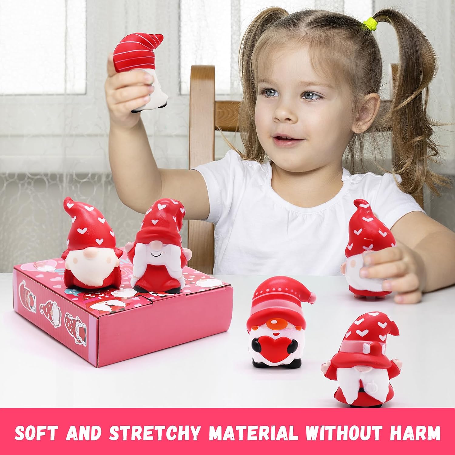 Valentines Day Gnome Squishies Toys for Kids,Slow Rising Stress Relief, Soft Squeeze,Valentines Present for Boys Girls - 6 Pack