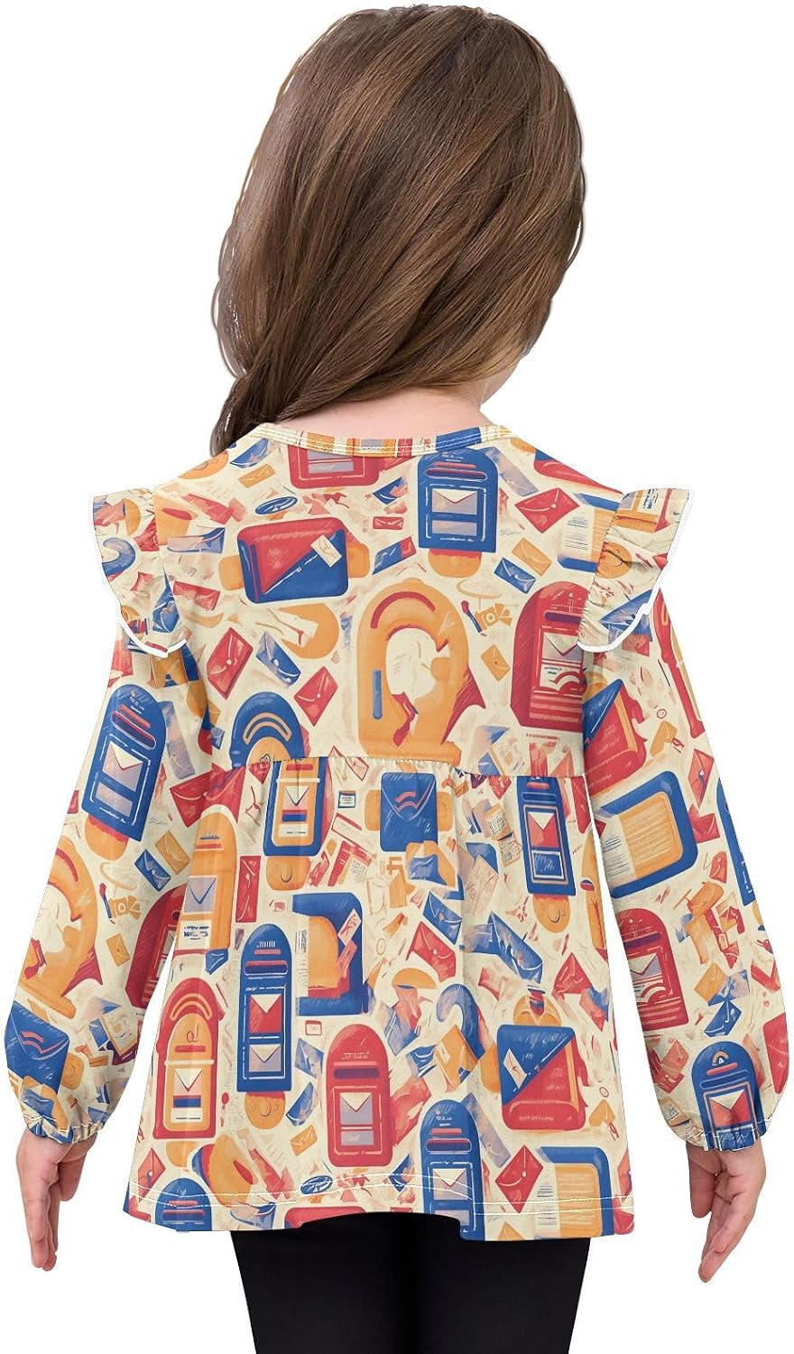 visesunny Toddler Clothes for Girls Vintage Mailbox Letter Pattern Long Sleeve Fall Shirts Cotton Top with Ruffle Collar