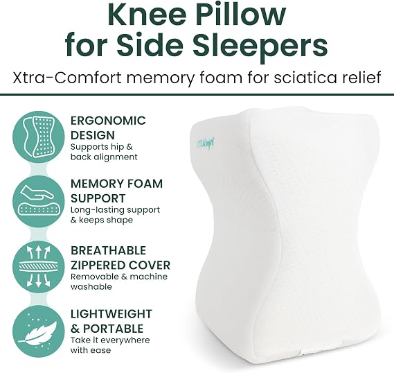 Xtra-Comfort Memory Foam Knee Pillow for Side Sleepers - Orthepedic Sciatica, Back, Under Leg, Hip and Joint Support - Pregnancy and Maternity Bolster Wedge Cushion - for Men and Women Spine Alignment