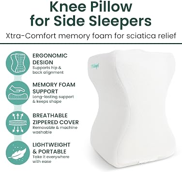 Xtra-Comfort Memory Foam Knee Pillow for Side Sleepers - Orthepedic Sciatica, Back, Under Leg, Hip and Joint Support - Pregnancy and Maternity Bolster Wedge Cushion - for Men and Women Spine Alignment