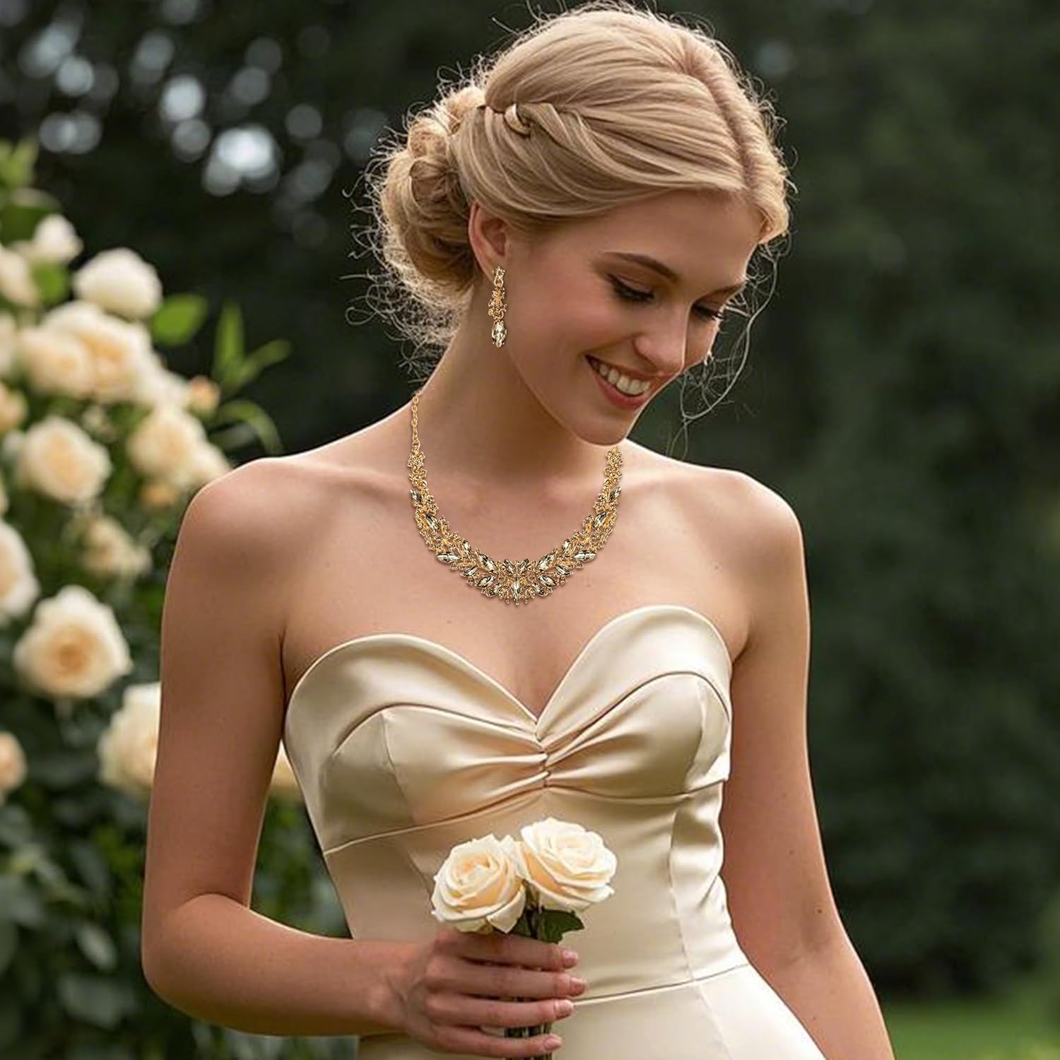 BriLove Women's Wedding Bridal Austrian Crystal Marquise Cluster Collar Necklace Dangle Earrings Set - Image 3