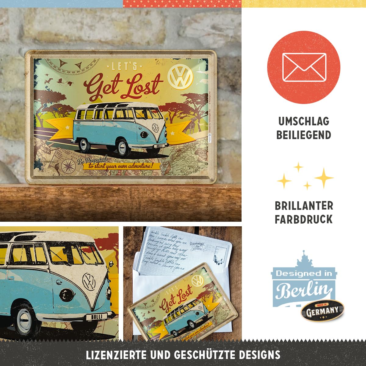 Nostalgic-Art Blaszana pocztówka w stylu retro, 10 x 14 cm, VW Bulli – Let's Get Lost – pomysł na prezent Volkswagena, kartka pocztowa z metalu, mini blaszana tabliczka jako kartka z życzeniami