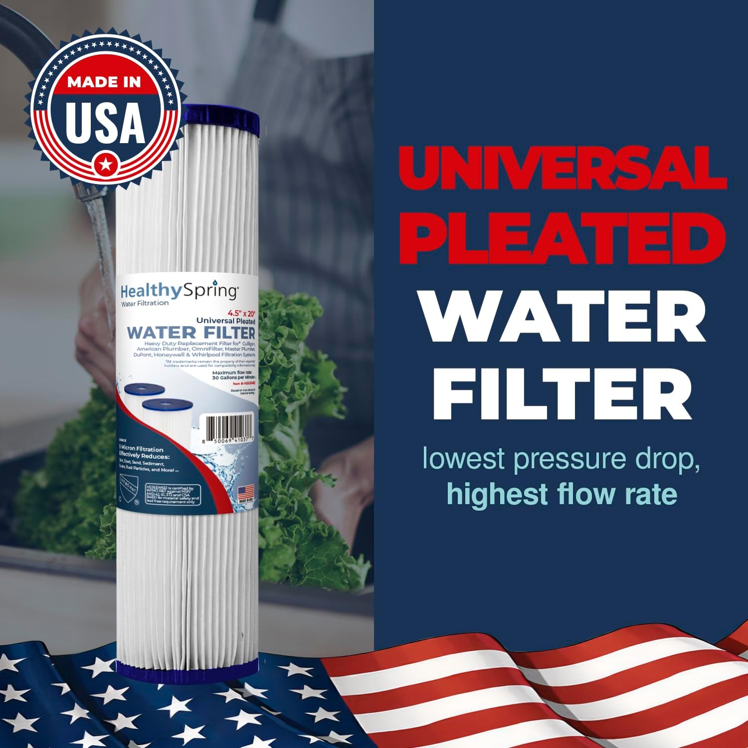 American Made, Healthy Spring High Performance, 20 Inch Whole House Pleated Water Sediment Filter Replacement 5 Micron Water Filter Cartridge Compatible with ECP5-20BB, SPC-45-2005, 2-Pack
