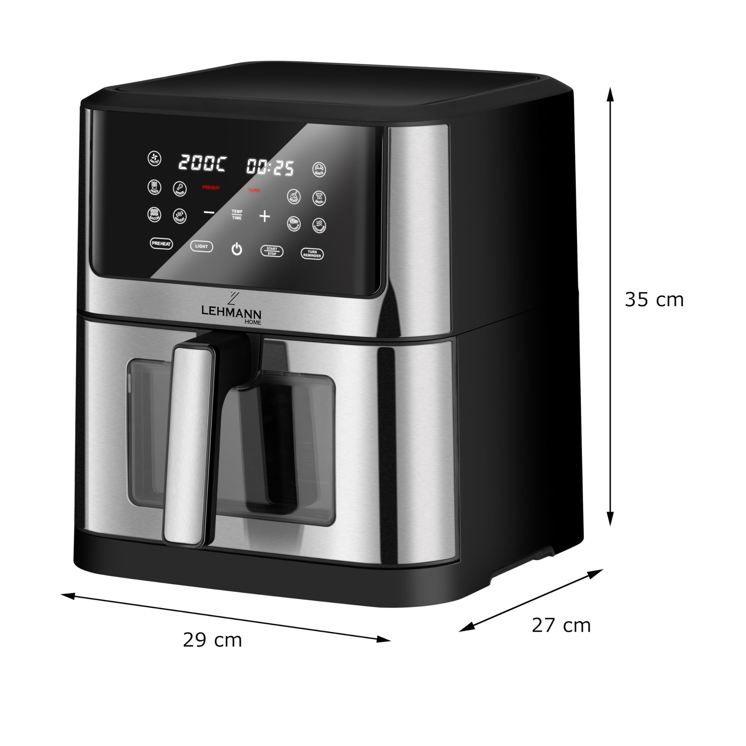 LEHMANN Frytkownica na gorące powietrze, 8 l, 1800 W, z okienkiem, regulacja temperatury do 200 °C, 12 programów, timer, powłoka zapobiegająca przywieraniu, grillowanie, pieczenie i smażenie z