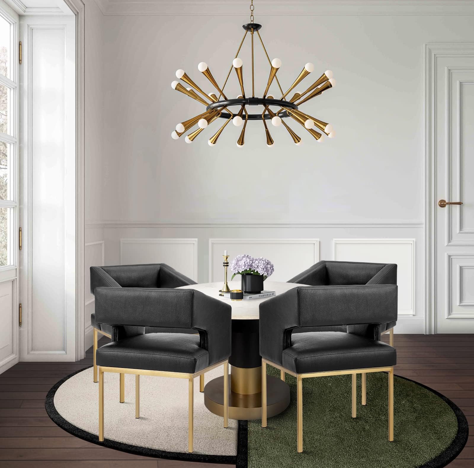 Iconic HomeRoma Dining Chair Faux Leather Upholstered Open Back Slope Arm Design Gold Tone Metal Legs (1 Piece) Modern Contemporary, Black