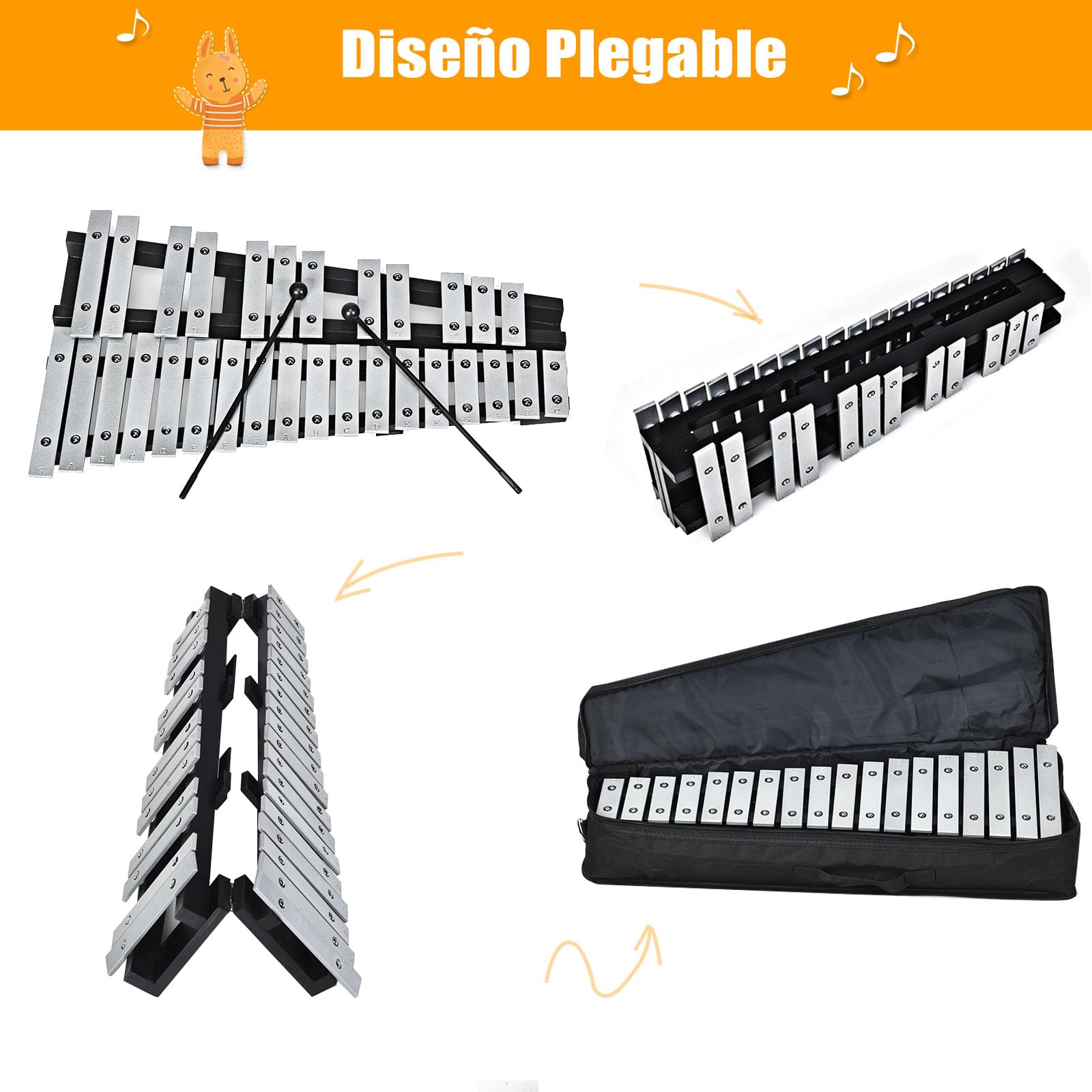 GOPLUS Glockenspiel de 30 Notas Plegable, Xilófono Portátil con 2 Baquetas y Bolsa de Transporte, Instrumento Musical de Percusión con Teclas de Aluminio y Base de Madera, para Niños y Adultos