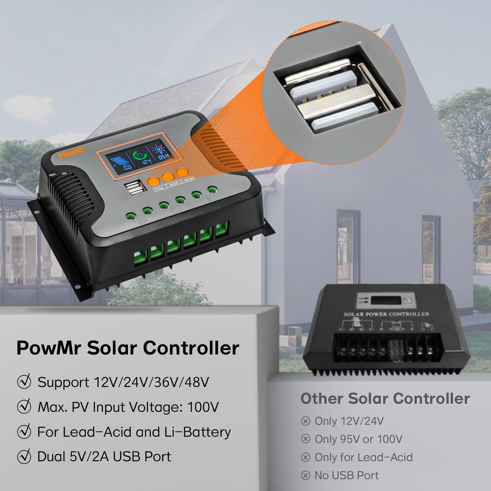 PowMr Controlador de carga solar PWM de 30 A, 12 V, 24 V, 36 V, 48 V automático, pantalla LCD y salida USB dual, apto para AGM, gel, FLD, batería de plomo y litio. Versión actualizada
