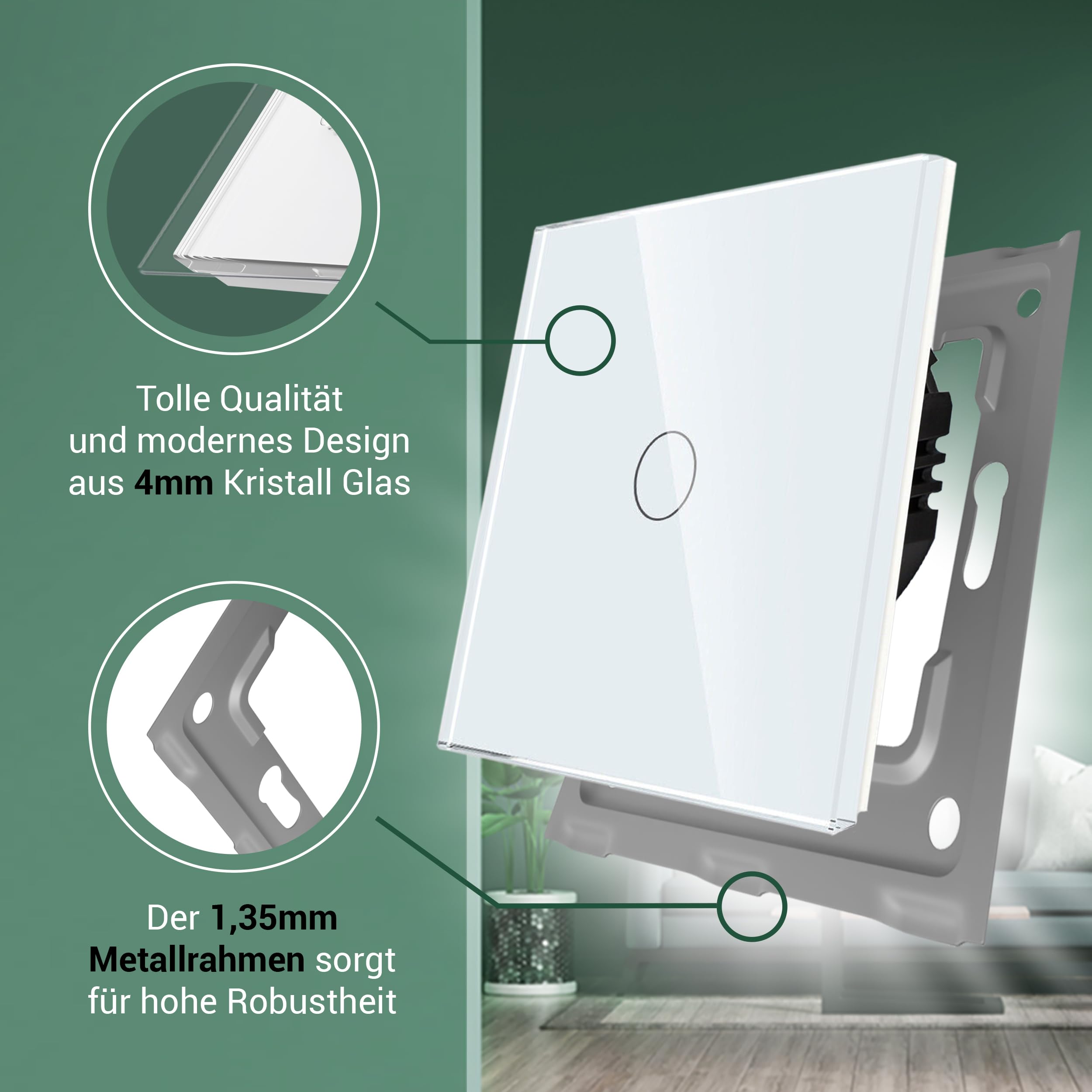 PULSAR Touch Schalter 230v Unterputz 3 Fach Glas Weiß, Sensor Lichtschalter Dreifach, Wandschalter mit LED Beleuchtung