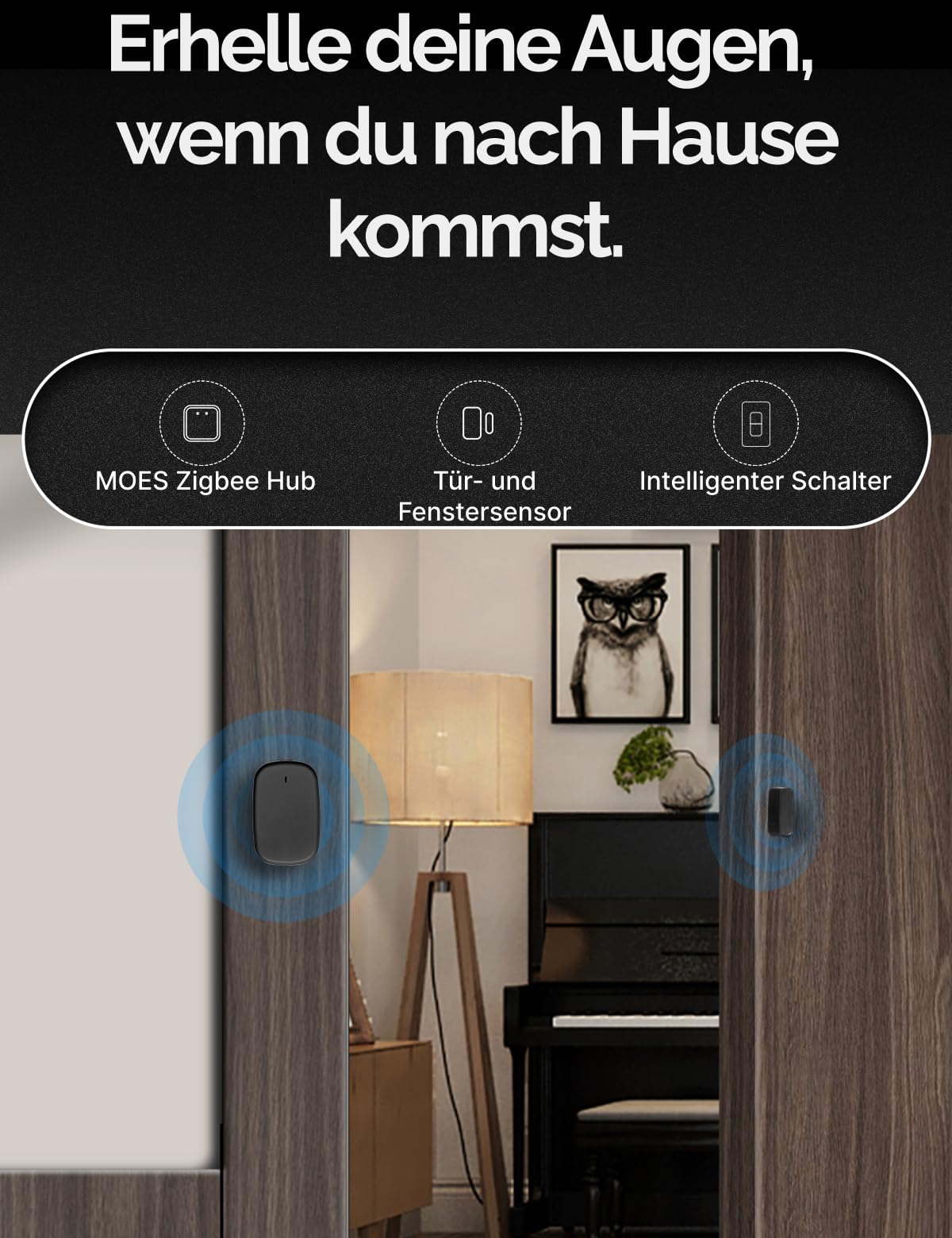 MOES Smart Tür - und Fenstersensor,MOES/Tuya ZigBee Hub erforderlich,Drahtloser Detektor für Alarmanlage, Smart Life/Tuya App,Kompatibel mit Tuya-Geräte, Alexa,und Google Assistant,Schwarz 3P