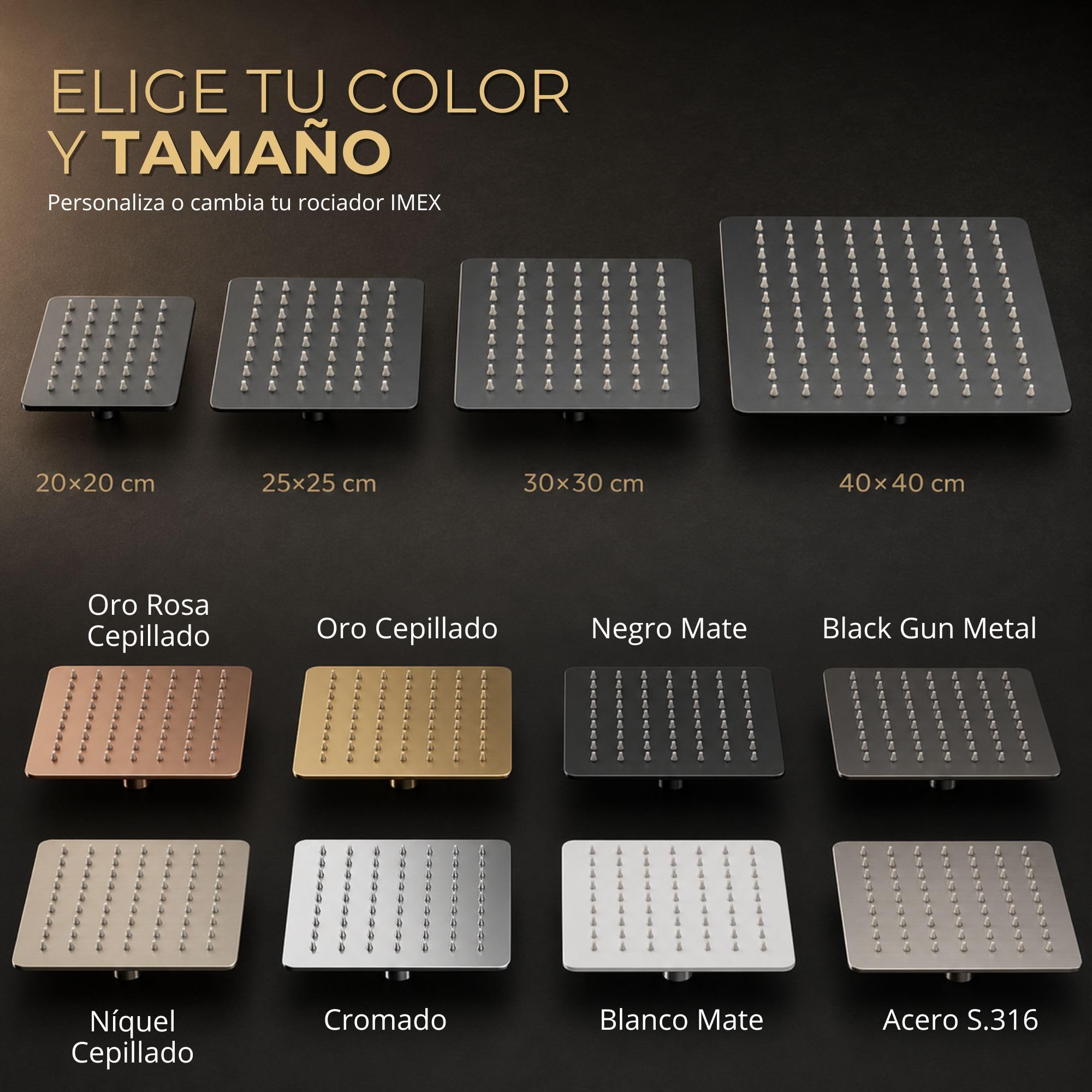 IMEX - Rociador Ducha Efecto Lluvia 25x25cm Oro Rosa Cepillado | Rociador Cuadrado Extraplano y Antical para Columna de Ducha | Fabricado de Acero Inoxidable S.304 | Recambio Original IMEX