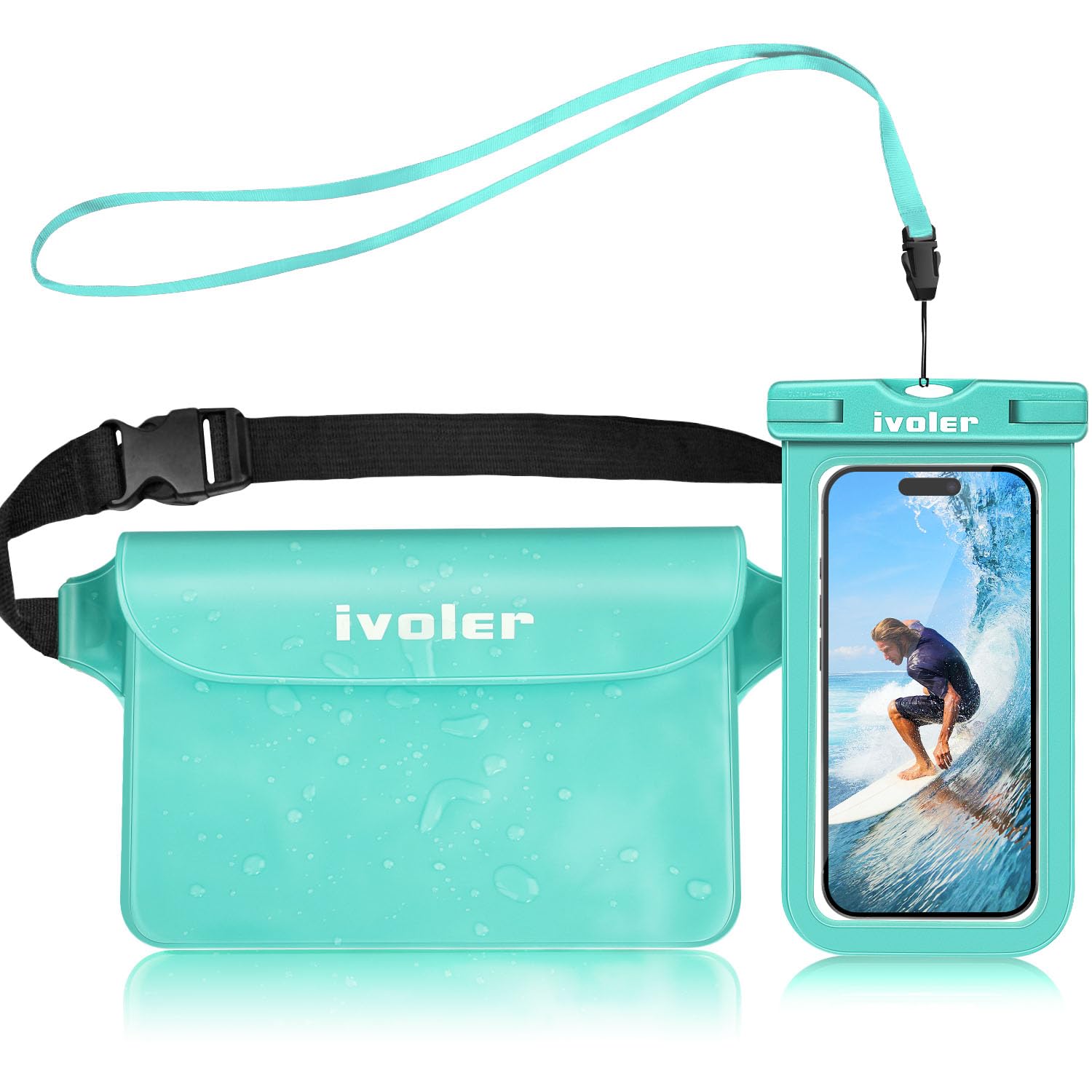 iVoler Kit Impermeabile con Borsa Marsupio e Custodia Smartphone IPX8 per Sport Acquatici Pesca Vela Sci Mare Escursione, Protezione per Cellulare Portafoglio Documenti - Verde Menta