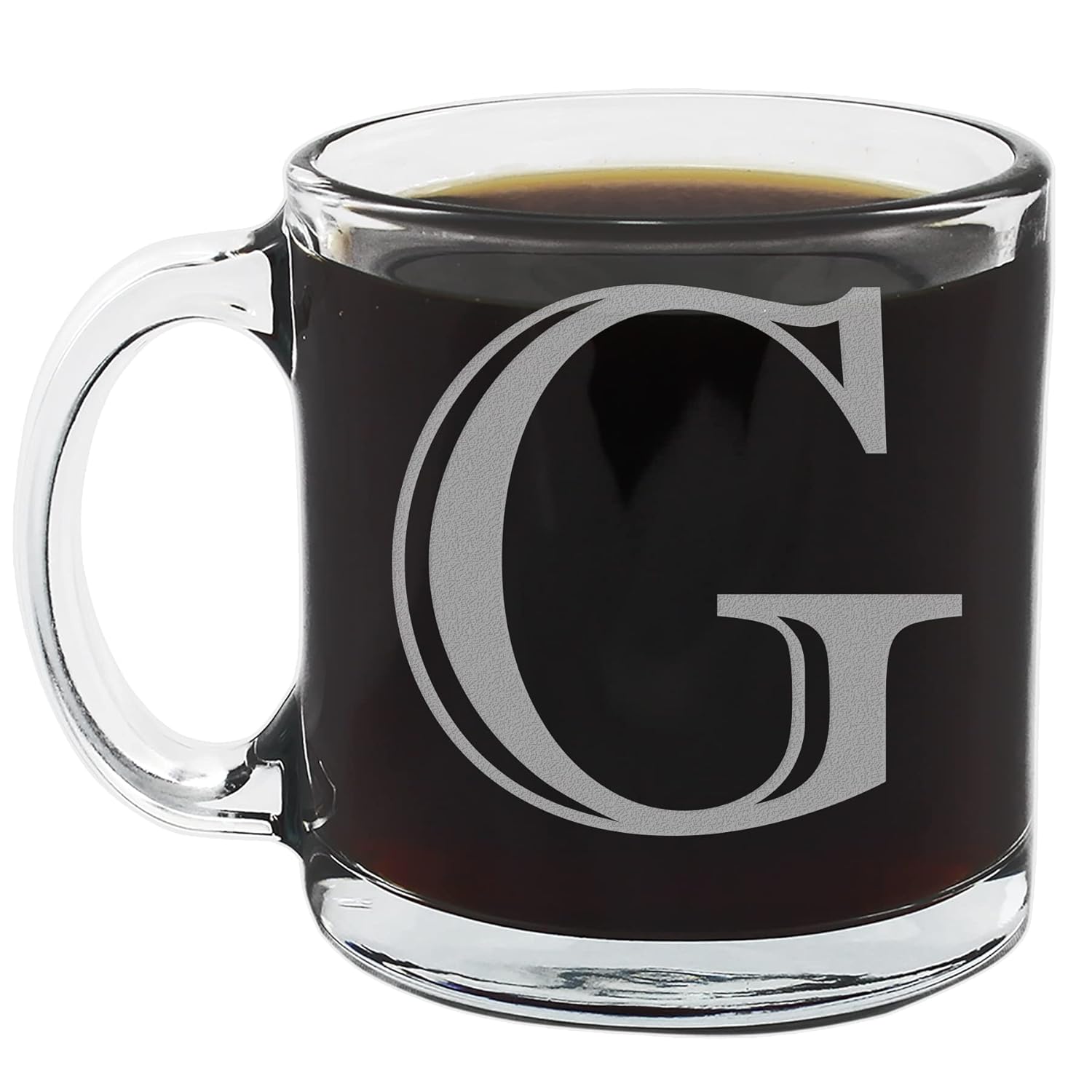 Spotted Dog Company Etched Monogram 12oz Clear Glass Coffee Mug Letter G A-Z Customized Coffee Gifts Custom Engraved