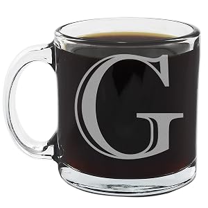 Spotted Dog Company Etched Monogram 12oz Clear Glass Coffee Mug Letter G A-Z Customized Coffee Gifts Custom Engraved