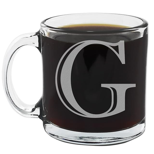 Spotted Dog Company Etched Monogram 12oz Clear Glass Coffee Mug Letter G A-Z Customized Coffee Gifts Custom Engraved
