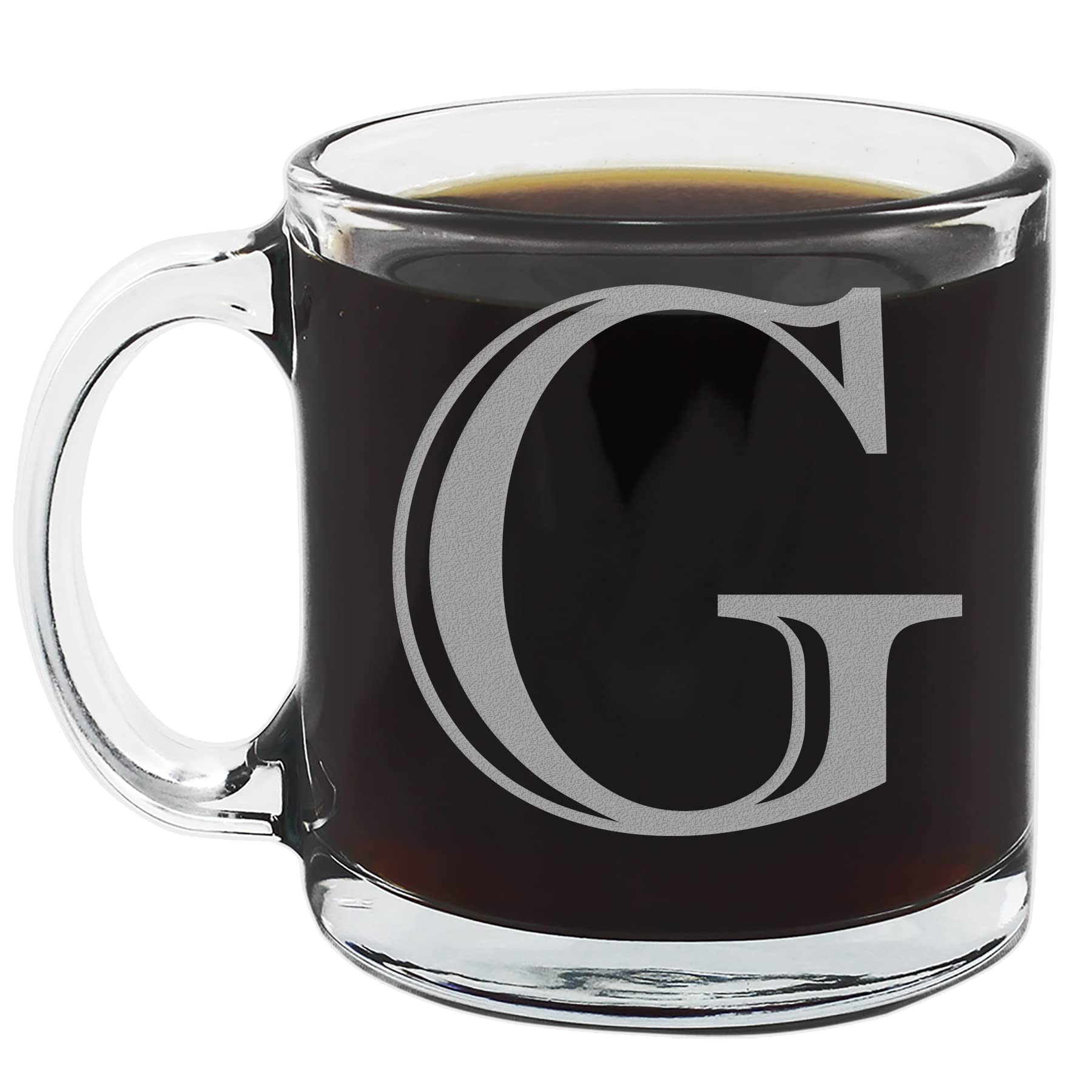 Spotted Dog Company Etched Monogram 12oz Clear Glass Coffee Mug Letter G A-Z Customized Coffee Gifts Custom Engraved