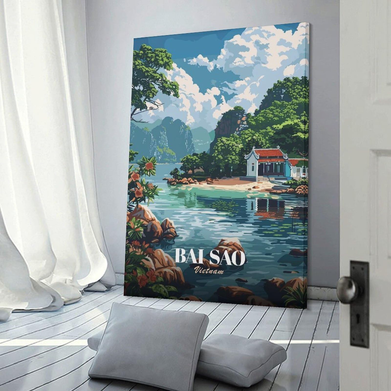 Junmoney Frame-Style-19 Hanging Wall Art Bai Sao, Vietnam - Coastal Landscape Art, 24X36inch(60X90cm), For Entryway, Lounge Links Or Small Walls, A Neat Decor Update For Hallways
