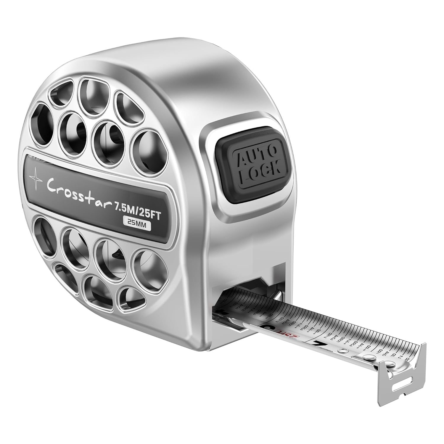 Crosstar 25FT Self-Locking Tape Measure - Stainless Steel, Fractional/Metric Double-Sided Scale, Hollow Design & Rustproof with Belt Clip for Construction, Woodworking