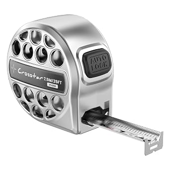 Crosstar 25FT Self-Locking Tape Measure - Stainless Steel, Fractional/Metric Double-Sided Scale, Hollow Design & Rustproof with Belt Clip for Construction, Woodworking