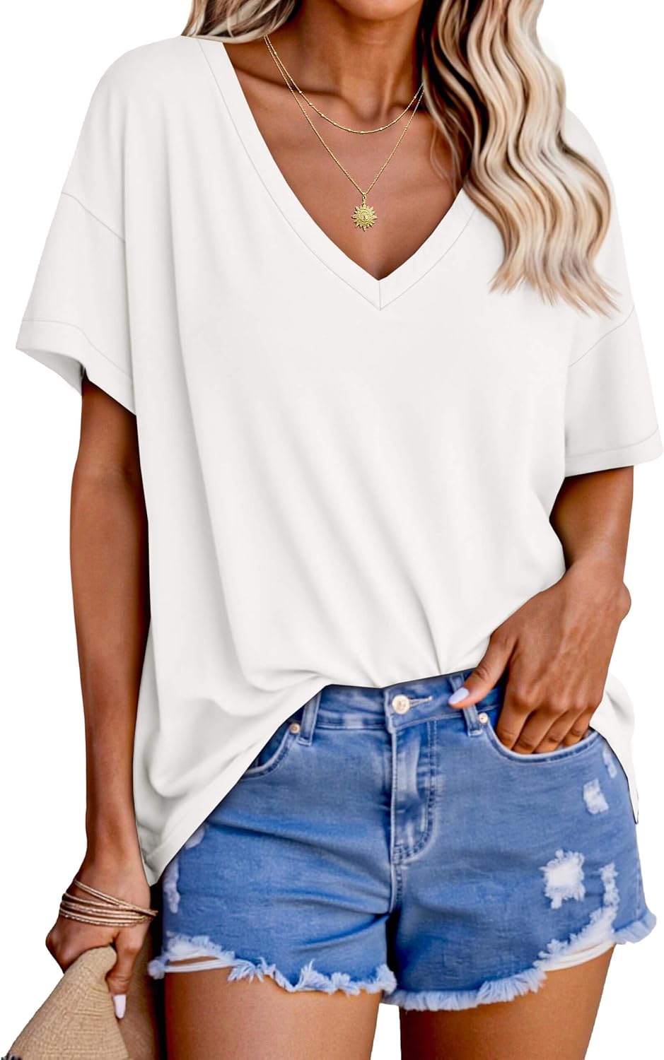 Tankaneo Womens Oversized Tshirts V Neck Short Sleeve Tops Summer Casual Loose Fit Tunic Tee Shirts