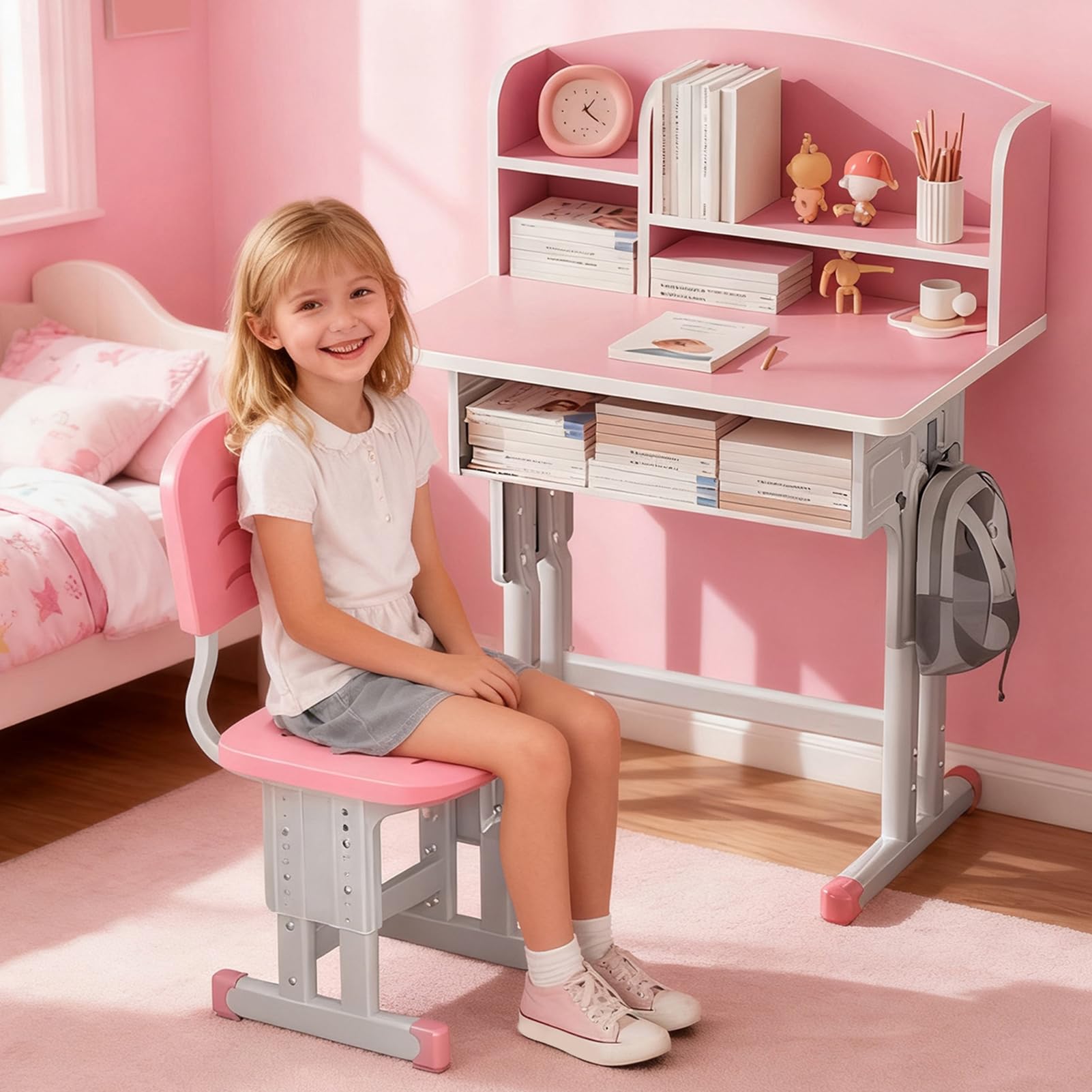 ilkqeppe Kids Desk and Chair Set, Children's Desks, Boys Girls Desk for Kids Bedroom, Height Adjustable Kids Study Table and Chair Set with Sitting Corrector, Drawer (Pink-g) — image 1