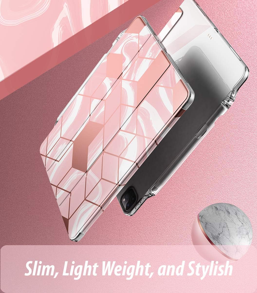 Popshine Marble Lite Series Designed for Apple iPad Pro 12.9 2020 & 2018 Case, Smart Cover with Pencil Holder, Flexible Soft Clear TPU Back, Slim Fit Trifold Stand Folio Front, Liquid Marble Pink