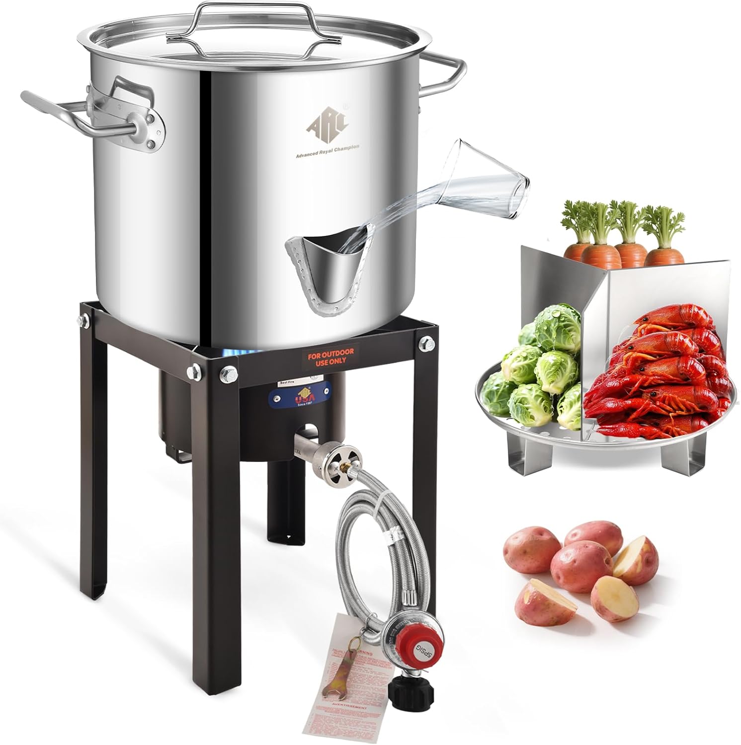 ARC 20QT Stainless Steel Steamer Pot Set, 55,000BTU Cast Iron Portable Propane Burner for Seafood Crab,Vegetable,Vaporeras para Tamale Steaming, w/Easy-fill Water Spout, Divider and Steamer Rack,Outdoor Cooking