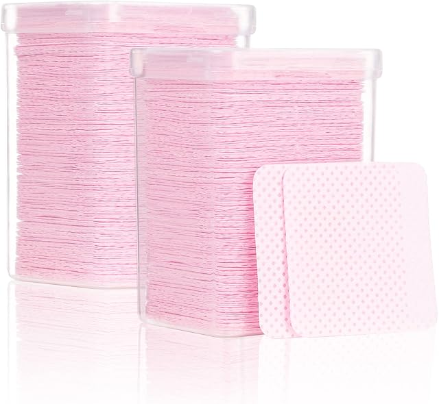 400 PCS Lash Extension Glue Wipes, TEOYALL Lint Free Glue Cleaning Pads Non-Woven Fabric Nail Polish Remover Wipes Beauty Salon Supplies (Pink)