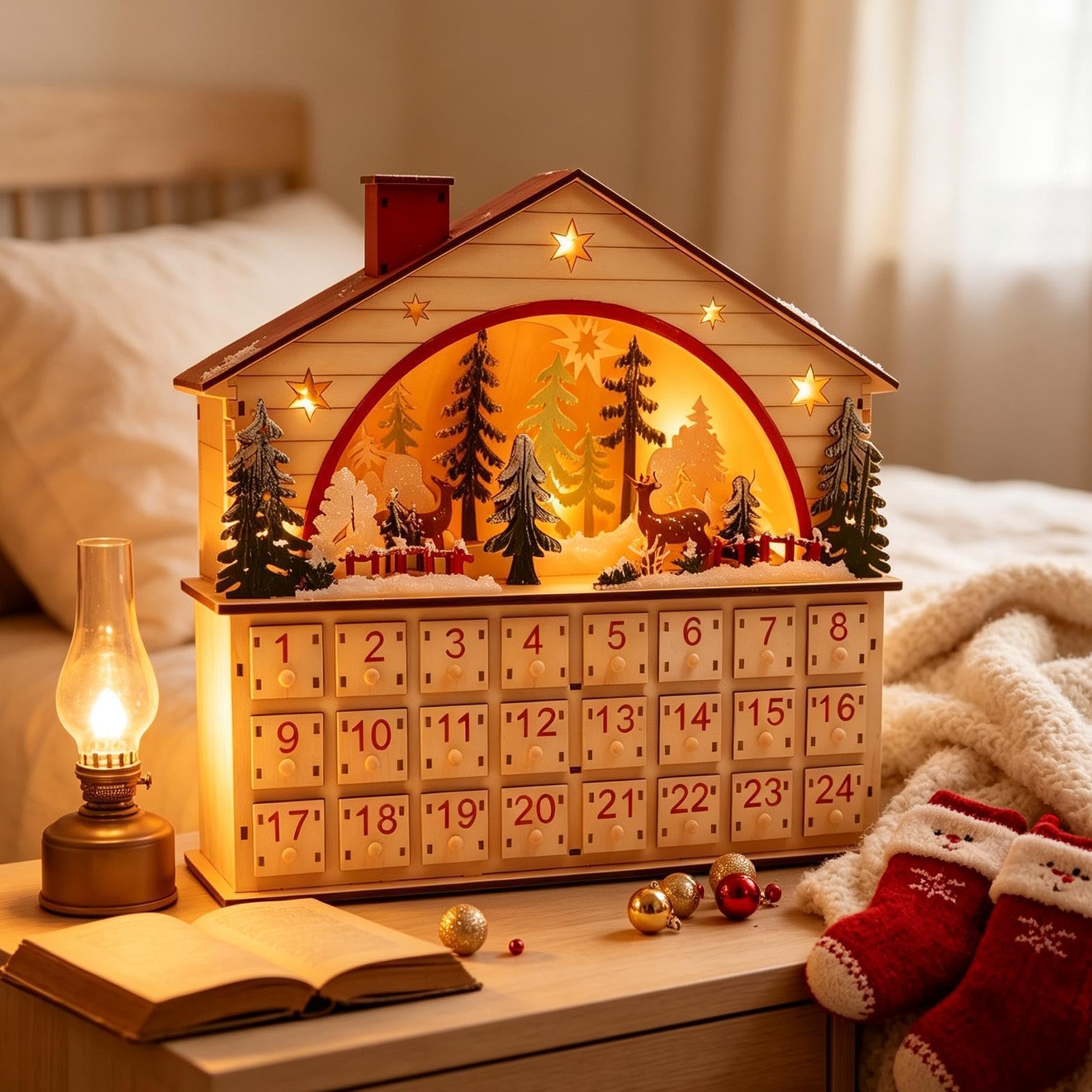Holz-Adventskalender – 24 Schubladen Weihnachtshaus Tischdekoration