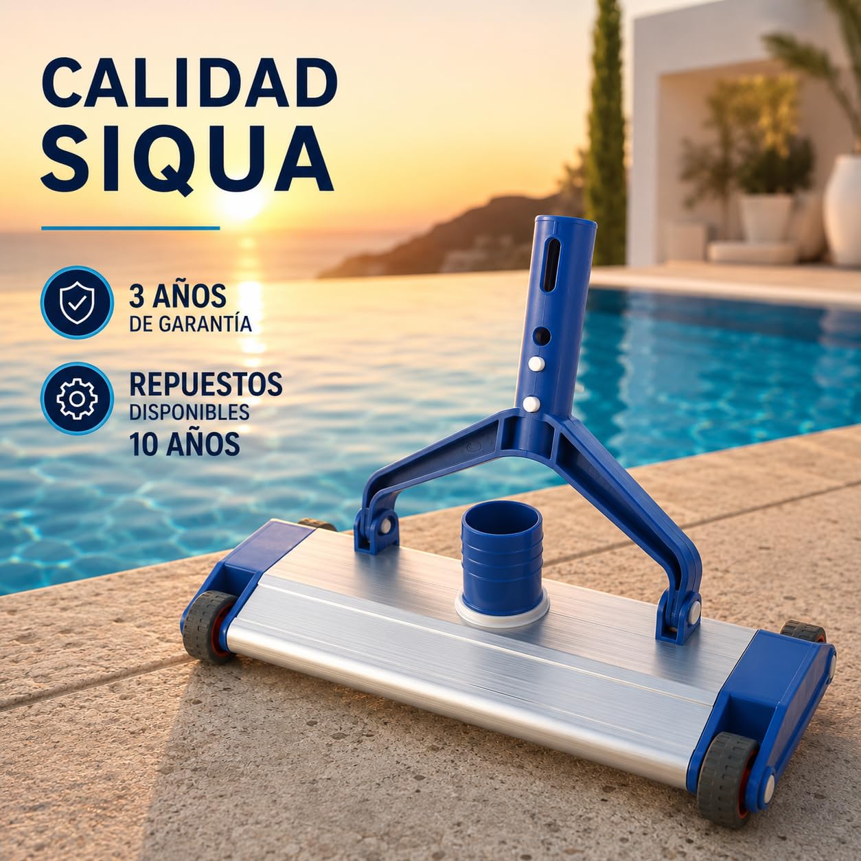 SIQUA – Nettoyeur Manuel de Fond de Piscine en Aluminium Résistant. Idéal pour Le Nettoyage et l’Entretien des Piscines. Raccord Tuyau Ø38 mm. Fixation à Papillon et Clip. Longueur 35 cm.