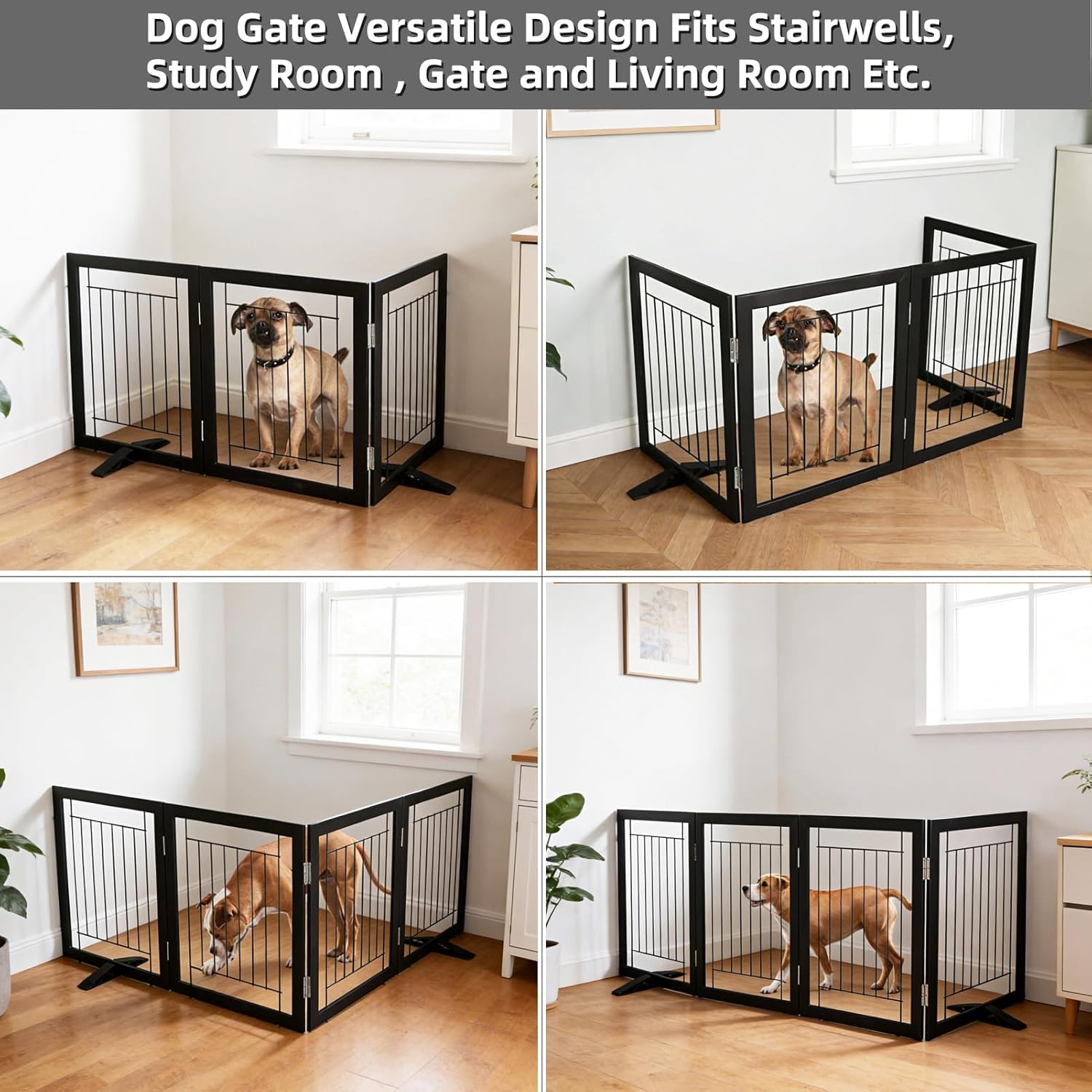 ZJSF Freestanding Dog Gate Indoor, Foldable Dog Fence for Doorways,Hallways or Stairs, Sturdy Wood Extra Wide Pet Gate with Support Feet,Black,24 "Height-3 Panels