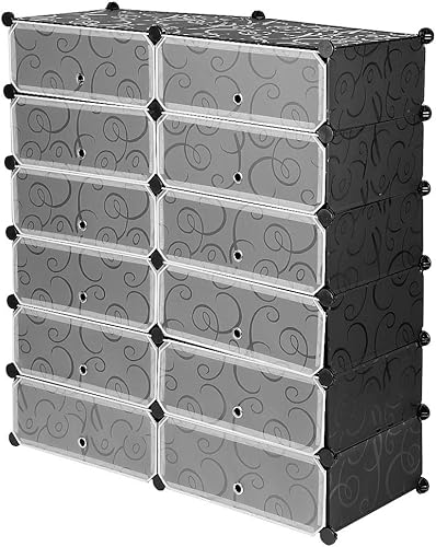 Miniatura 1 de VARIVIDA - Cajas de almacenamiento apilables de plástico negro para armario, contenedores de zapatos que ahorran espacio, color negro (12 unidades)