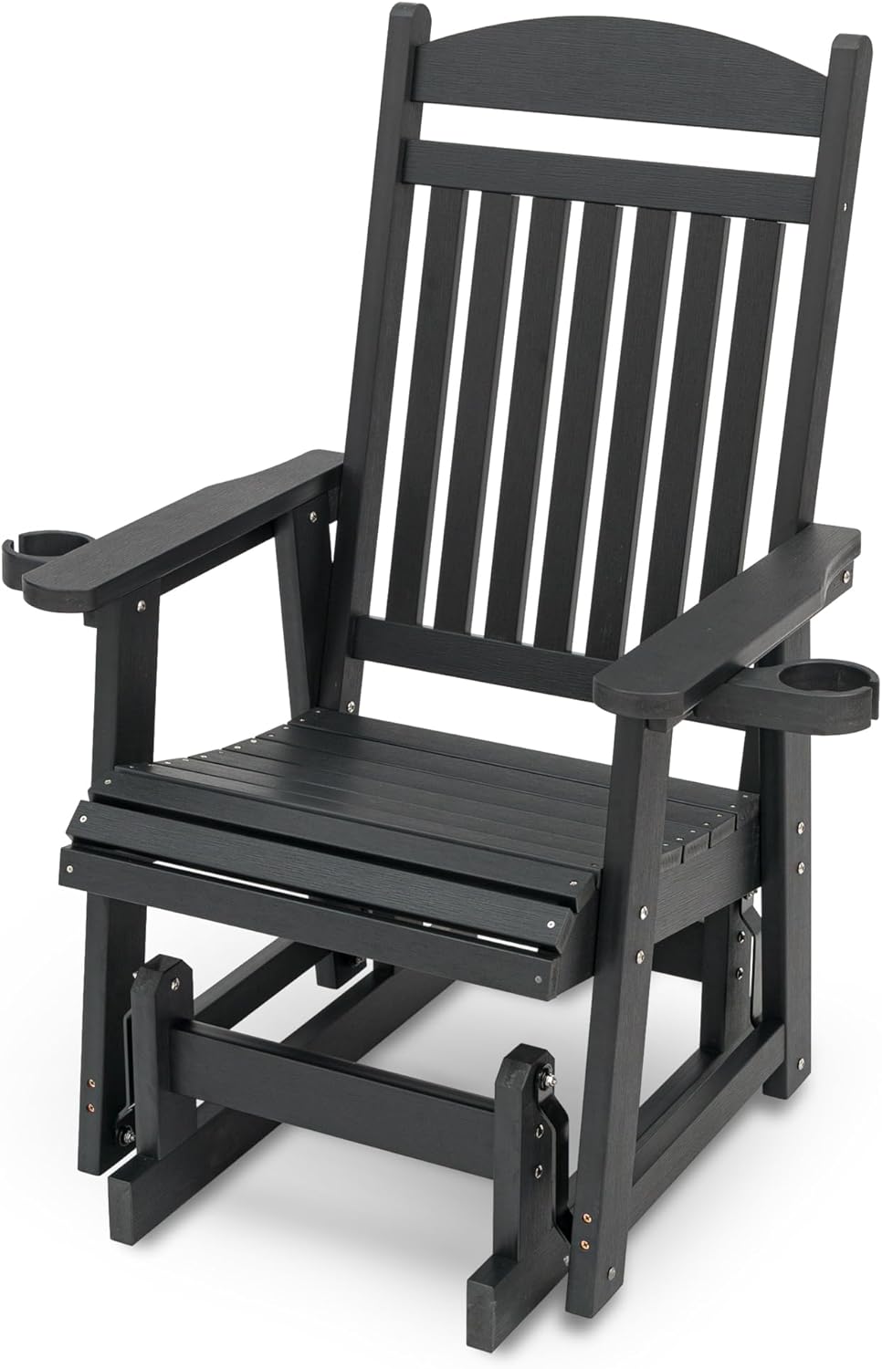 Poly Lumber Patio Glider for One Person, with Cup Holders, High Backrest and Deep Contoured Seat, HIPS Material, All-Weather Resistant, Heavy Duty 700 LBS (Matte Black)