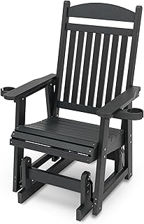 Poly Lumber Patio Glider for One Person, with Cup Holders, High Backrest and Deep Contoured Seat, HIPS Material, All-Weather Resistant, Heavy Duty 700 LBS (Matte Black)