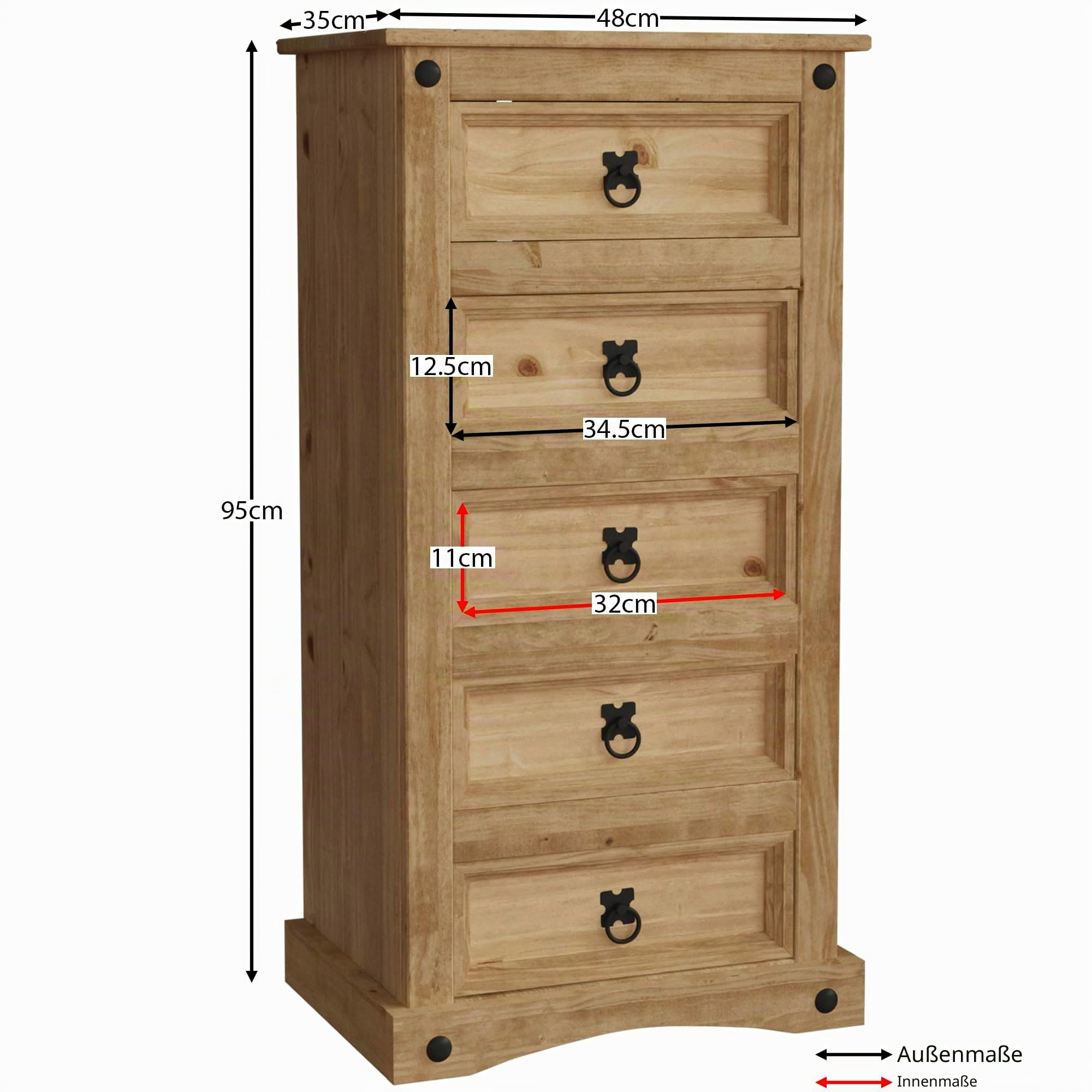 Vida Designs Corona Kommode mit 5 Schubladen | Massives Kiefernholz | 93,8 H x 48 B x 35 T cm | Schmal | Platzsparendes Design | Gewachste Eichenoptik | Ringgriffe | Rustikal | Schlafzimmermöbel