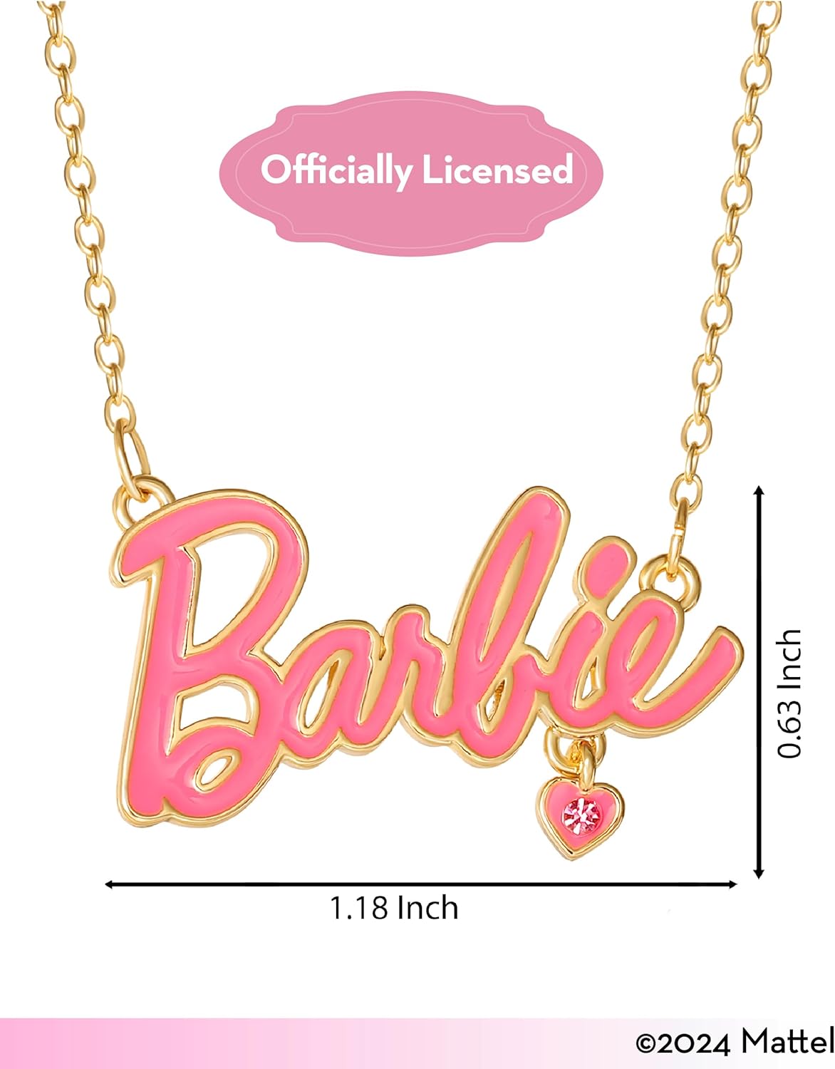 Barbie Necklace Official License, 16"+2" 18k Yellow Gold Flash-Plated Necklace with Pink Crystal, Valentine Gifts for Her - Image 4